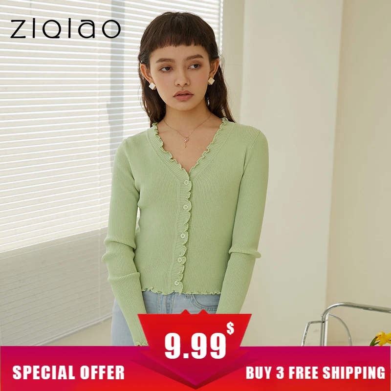 

ZIQIAO Women Solid Color Wooden Ears V-neck Cute Slim Cardigan Sweaters