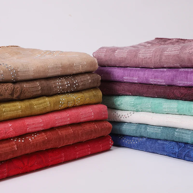 Женский мусульманский однотонный хиджаб шарф из хлопка и льна стразы головной