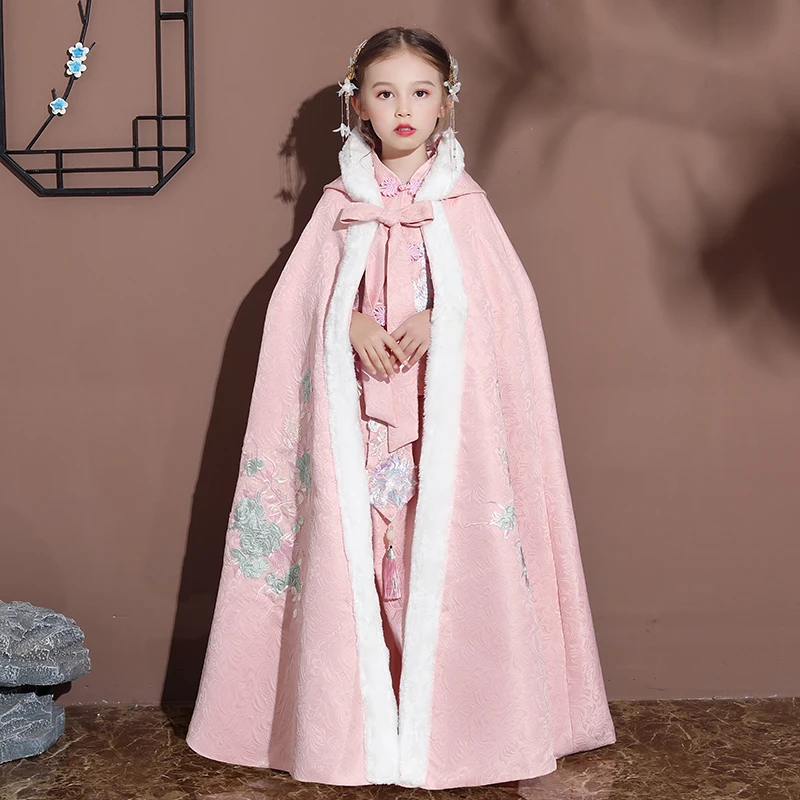 Pink Girl's Hanfu Cape winter new Embroidery Long Cloak Chinese Children Ancient Style Mantle Kids New Year's Wear Keep Warm