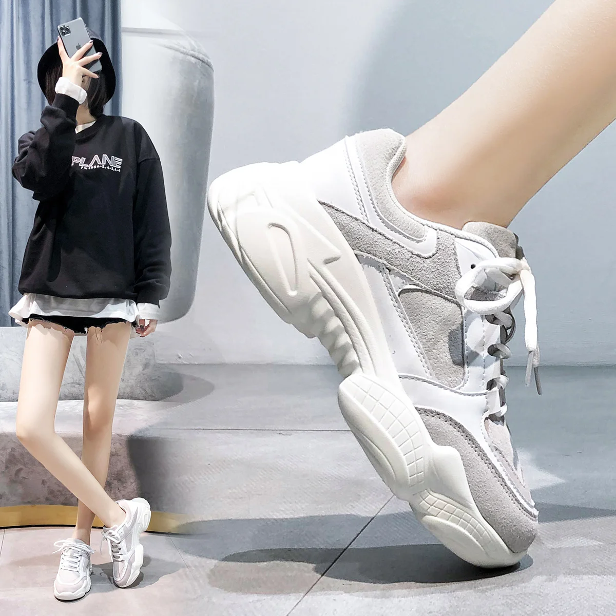 

Platform Women Sneakers White 2021 Spring Sport Thick Sole Lady Leisure Shoes Lace Up Comfortable Female Chunky Sneakers Fashion