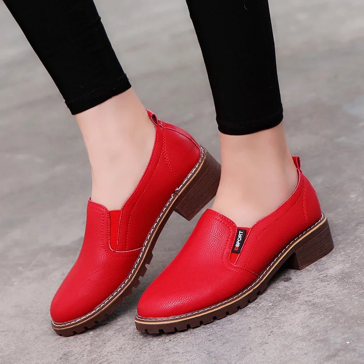 

New Women PU Leather Autumn Brogue Shoes Female Slip On Elastic Band Thick Low Heels Ladies Fashion Casual Footwear