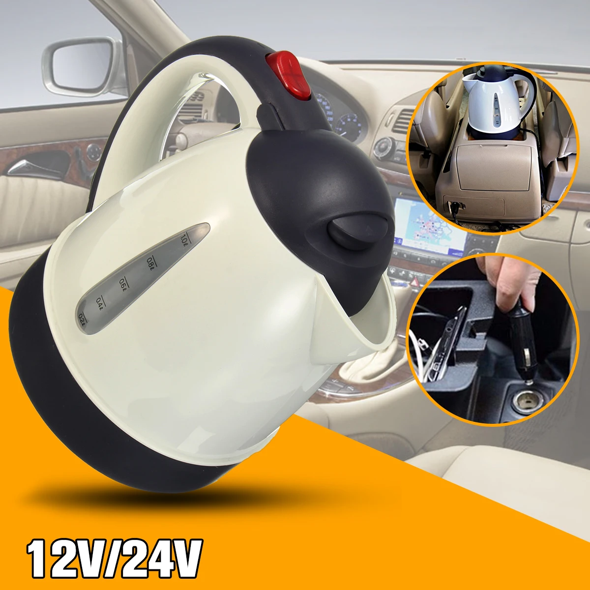 

Car Hot Kettle Portable 1000ML Water Heater Travel Auto 12V/24V for Tea Coffee 304 Stainless Steel Large Capacity Vehicle