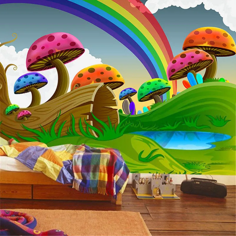 3D фотообои на заказ Рисованные в виде мультяшных прерий грибов для детской