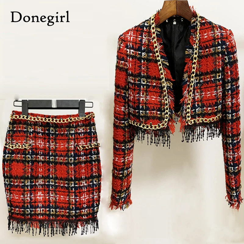 

2021 Spring Autumn Women Suits Plaid Skirt Set New casual double-breasted tweed plaid ladies jacket Slim Elegant Bust Two-piece