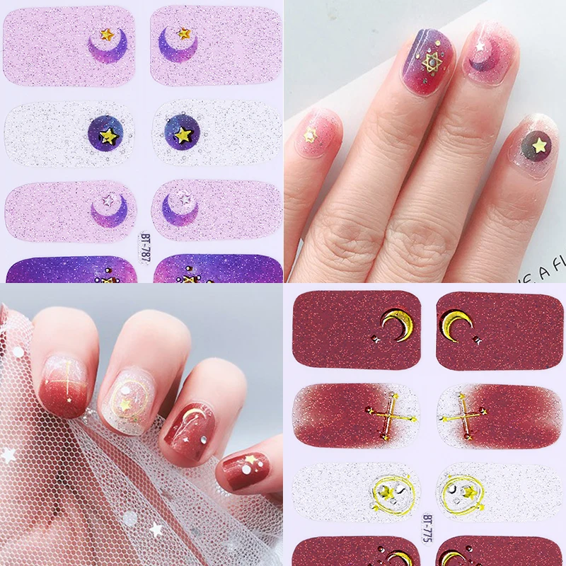 1 лист 3D ногтей Стикеры комбинированным узором золото Луна Звезды цветной лак для