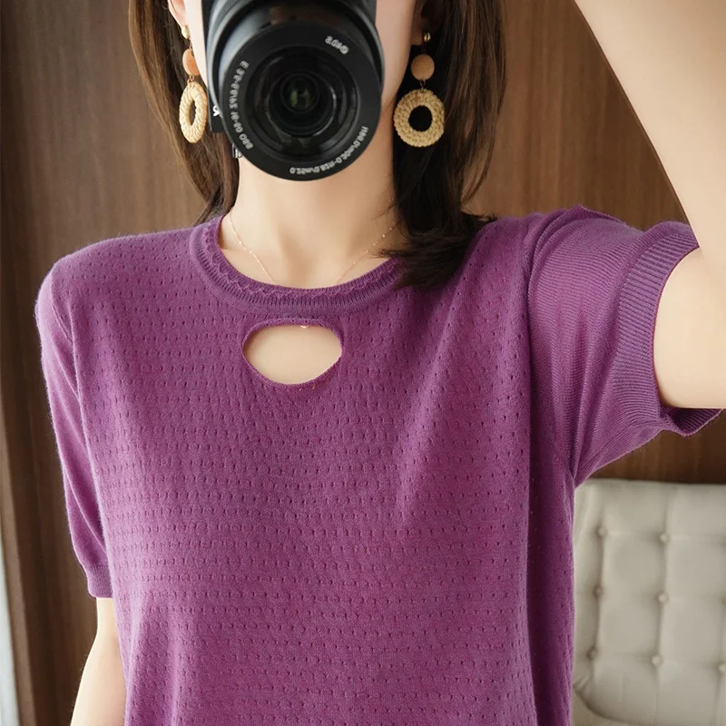 

2021 Summer New Pure Cashmere Round Neck Loose Short-Sleeved Top Women's French Hollow Thin T-Shirt Wild Wool Knit Large Size