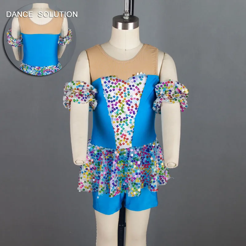 Синий лиф из спандекса с разноцветными блестками и трико юбкой Sparking танцевальная