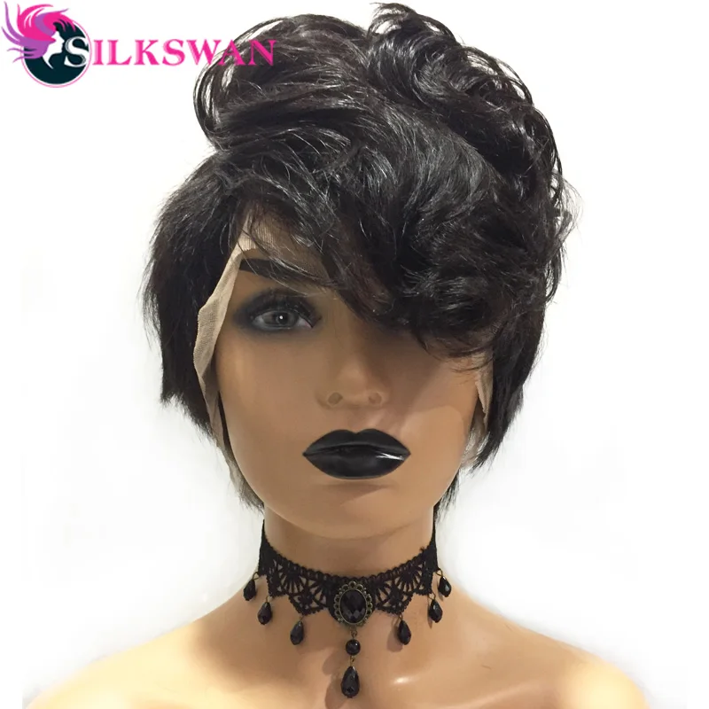 Silkswan Человеческие волосы remy короткие Pixies Обрезанные полные парики шнурка натурального цвета для женщин - Цвет: Естественный цвет