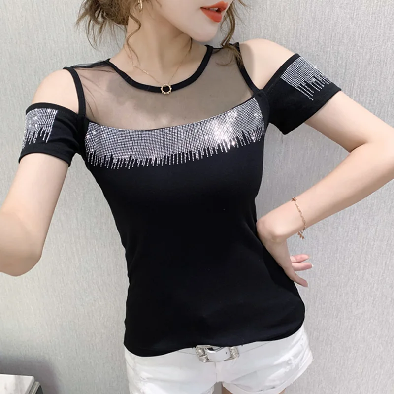 2021 Summer New short-sleeved Women t-shirt sexy O-neck hot diamond fashion strapless wild slim T-shirt women tops | Женская одежда
