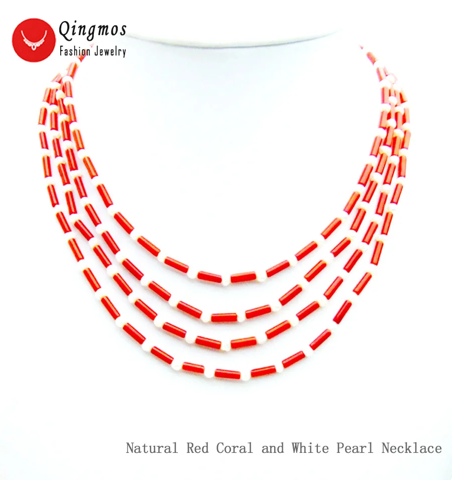

Qingmos Natural 3*9mm Thick Slice Red Coral Necklace for Women with 4mm Round White Pearl Necklace Jewelry 4 Strand Chokers 17''