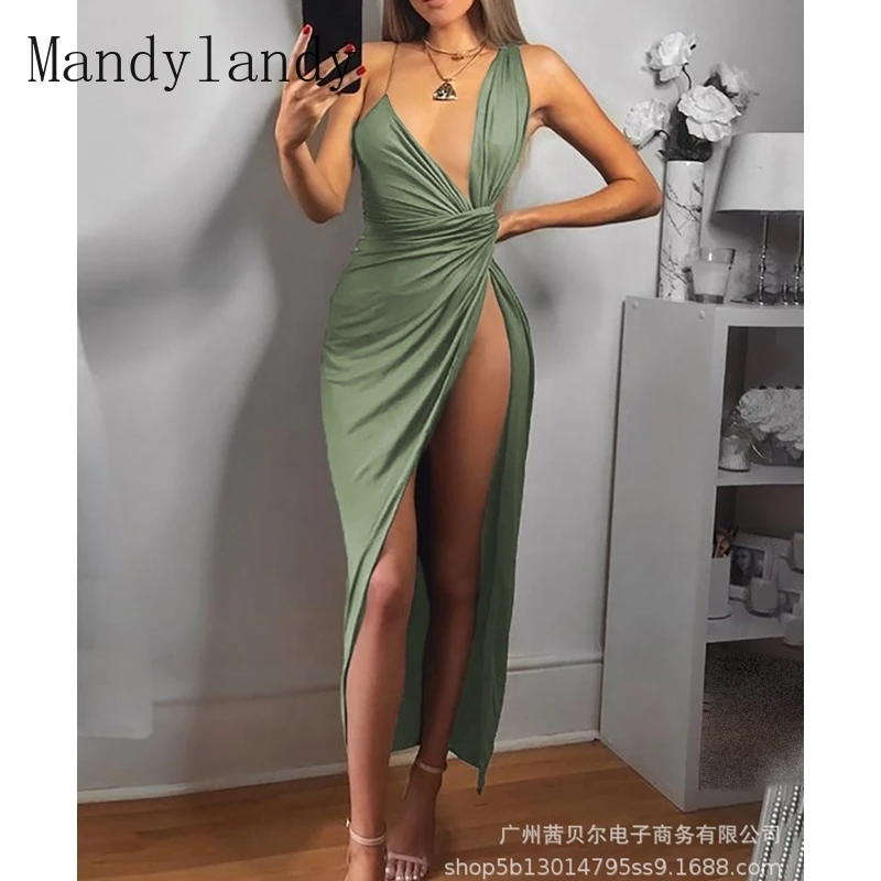 

Mandylandy Dress Summer Fashion V-neck Backless Spaghetti Strap Slit Dress Women's Sexy Slim Fit Pleated High Waist Dress