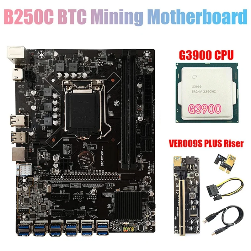 

Материнская плата B250C для майнинга BTC + процессор G3900 + 009S Plus Райзер 12xpcie в USB3.0 слот GPU LGA1151 поддержка материнской платы DDR4 RAM