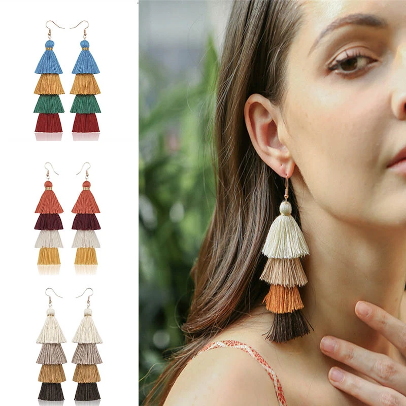 Ручная работа богемное золото длинная ниспадающая кисточка Серьги Для Женщин