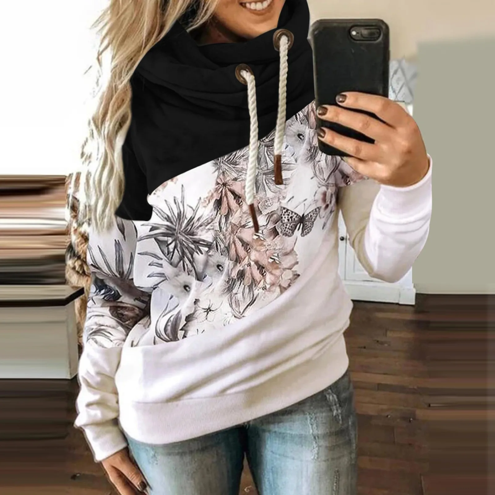 

Floral Printed Hoodies Women Casual Stitching Ladies Hooded Sports Flower Priting Harajuku Female Sweatshirt Dropshipping