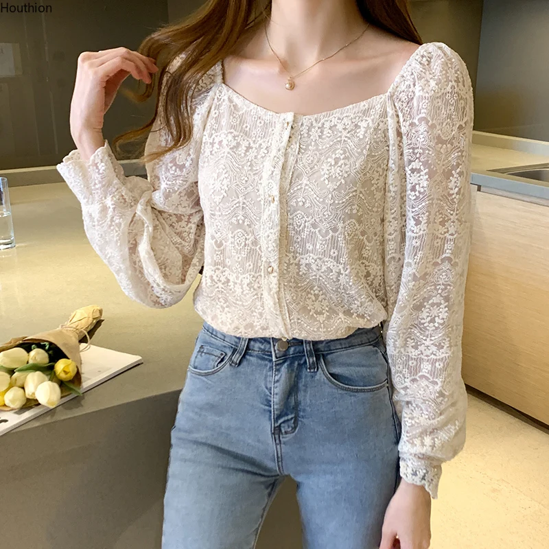 

Lace Women's Blouse Plus Size Casual Shirt New Loose Long Sleeve Top Solid Summer Fashion Clothing Houthion