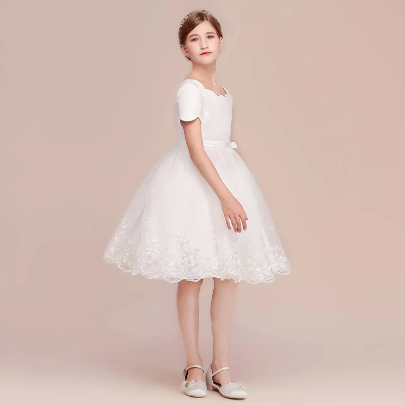 Ball Gown Princess Short White Flower Girl Dresses For Wedding Satin Tulle Girls First Holy Communion Dresses