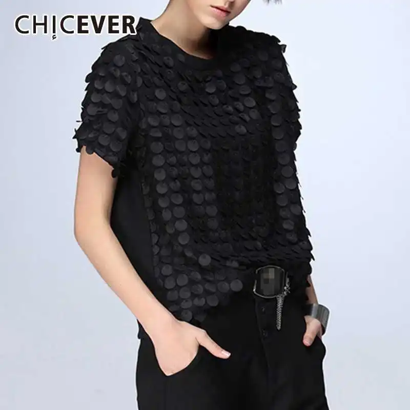 CHICEVER 2021 Повседневная Лоскутная Женская футболка с круглым вырезом и коротким