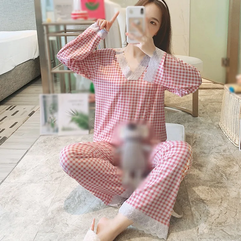 

Autumn Women's Korean Style Casual Homewear Loungewear Cute Cartoon Printing V-Neck Sleepwear Lace Long-Sleeved Home Pajamas Set