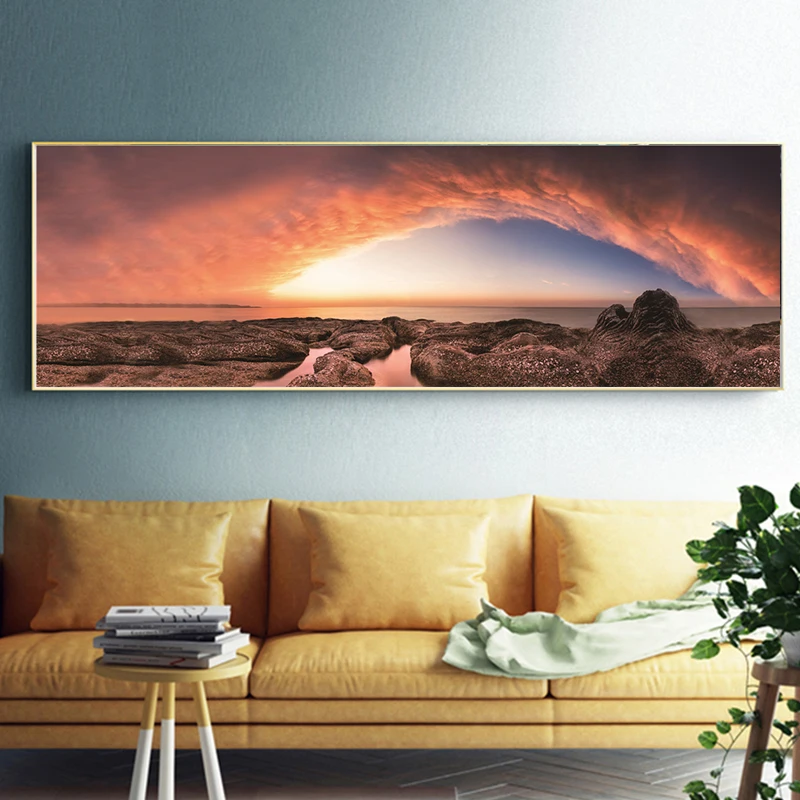 Abstract Seascape Sunset Glow Posters and Prints Wall Art Canvas Painting Coastal Red Clouds Picture for Living Room Décor | Дом и сад