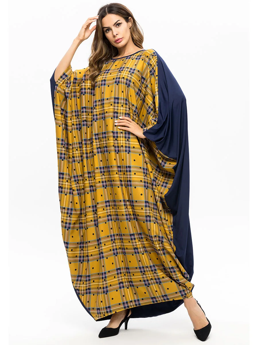 Plaid Muslim Abaya Dress Women Turkey Loose Jilbab Jubah Elbise Islamic Arab Batwing Sleeve Moroccan Kaftan Maxi Hijab Vestidos |