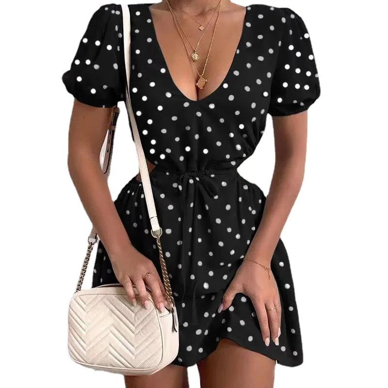 

Women's Clothing Summer The New V-neck Dots Printing Hollow Out Corset Short Sleeve Dress Female