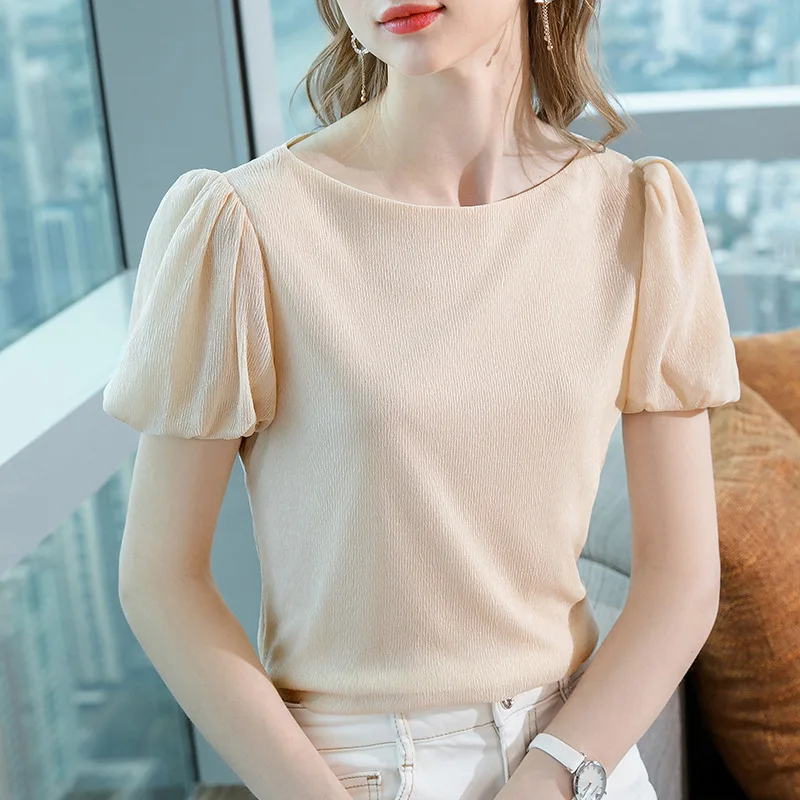 

Женская Офисная футболка составного кроя с короткими рукавами-фонариками