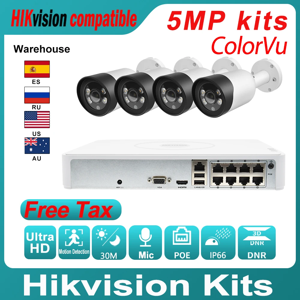 

Совместимые комплекты Hikvision, IP цилиндрическая камера 5 Мп, 4 шт., встроенный микрофон, оригинальная система видеонаблюдения NVR DS-7108NI-Q1/8P, POE