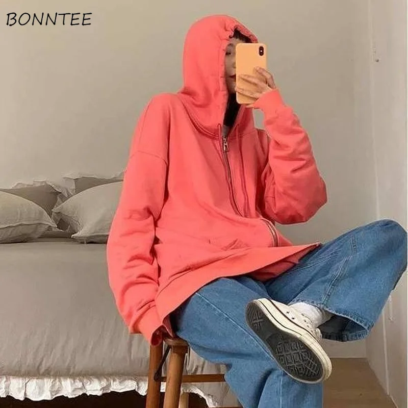 

With Hat Hoodies Women Harajuku Loose Drop-sleeves Spring Fall Casual All-match Students Pockets Ulzzang Chic Solid Trendy Ins