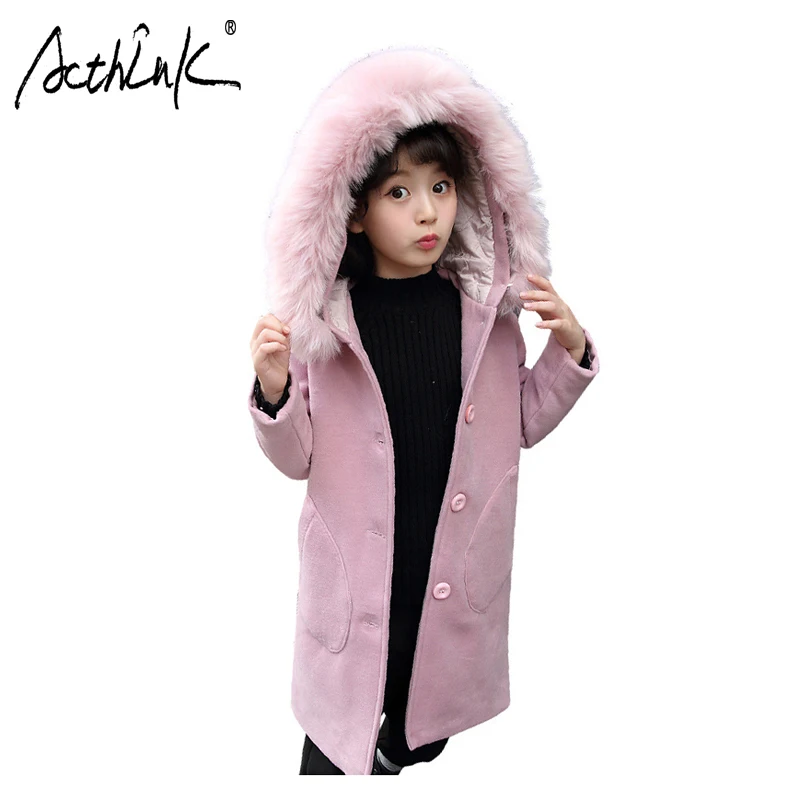 ActhInK/длинное шерстяное пальто для девочек зимняя куртка подростков шапка из