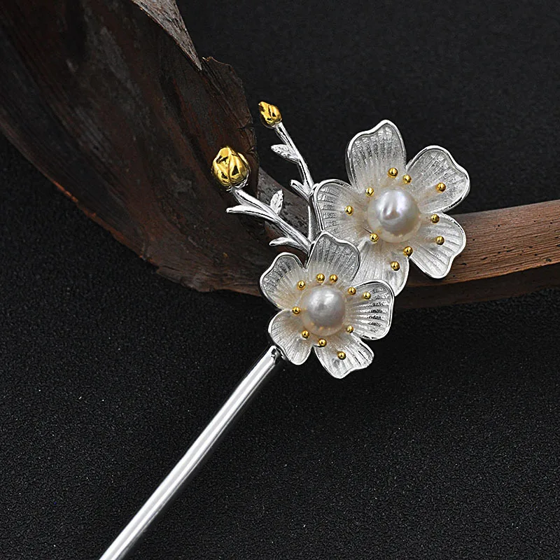 Женская Палочка из серебра 925 пробы с натуральным жемчугом и цветком