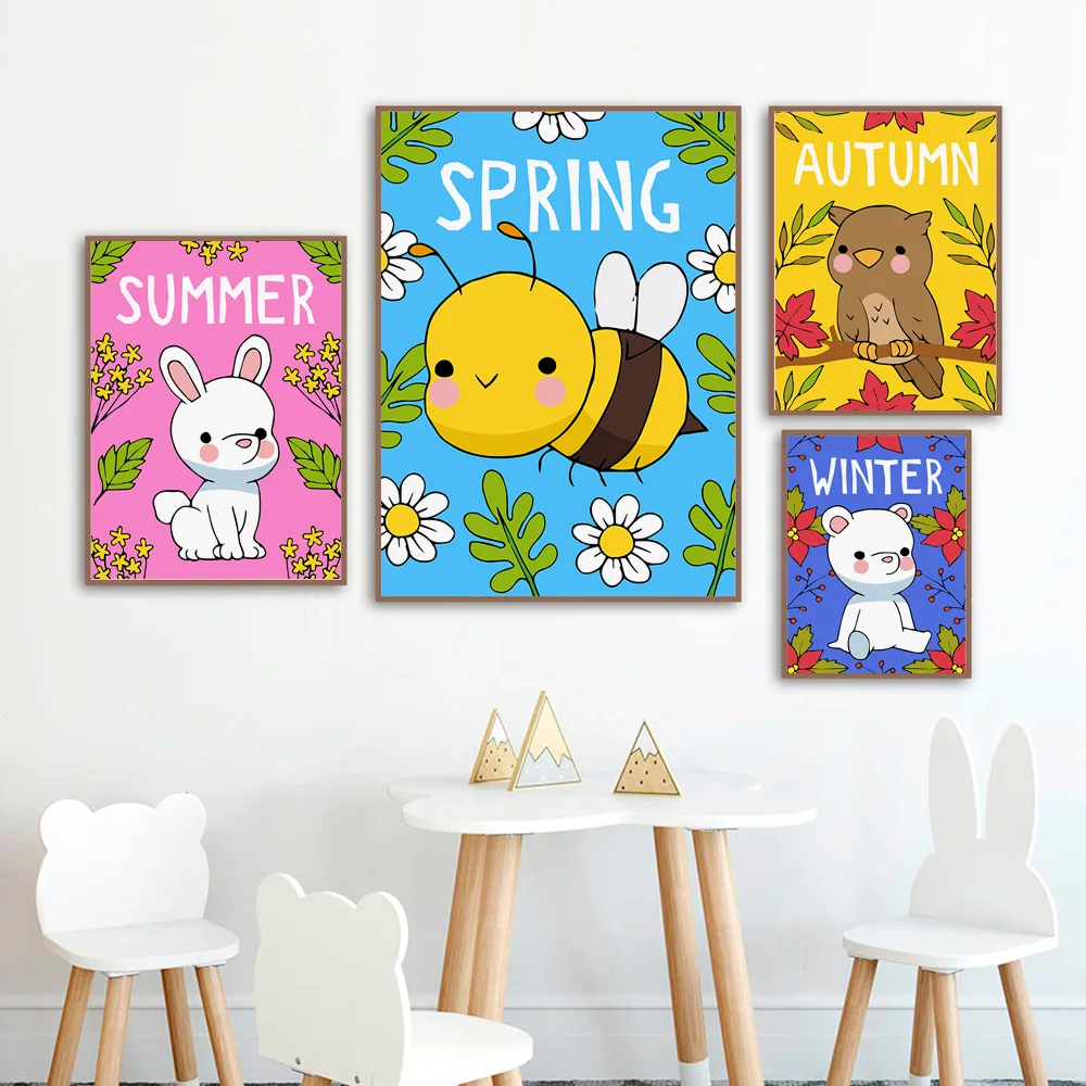 

Cute Rabbit Bee Bear Spring Summer Autumn Nordic Posters and Prints Wall Art Canvas Painting Wall Pictures Baby Kids Room Decor