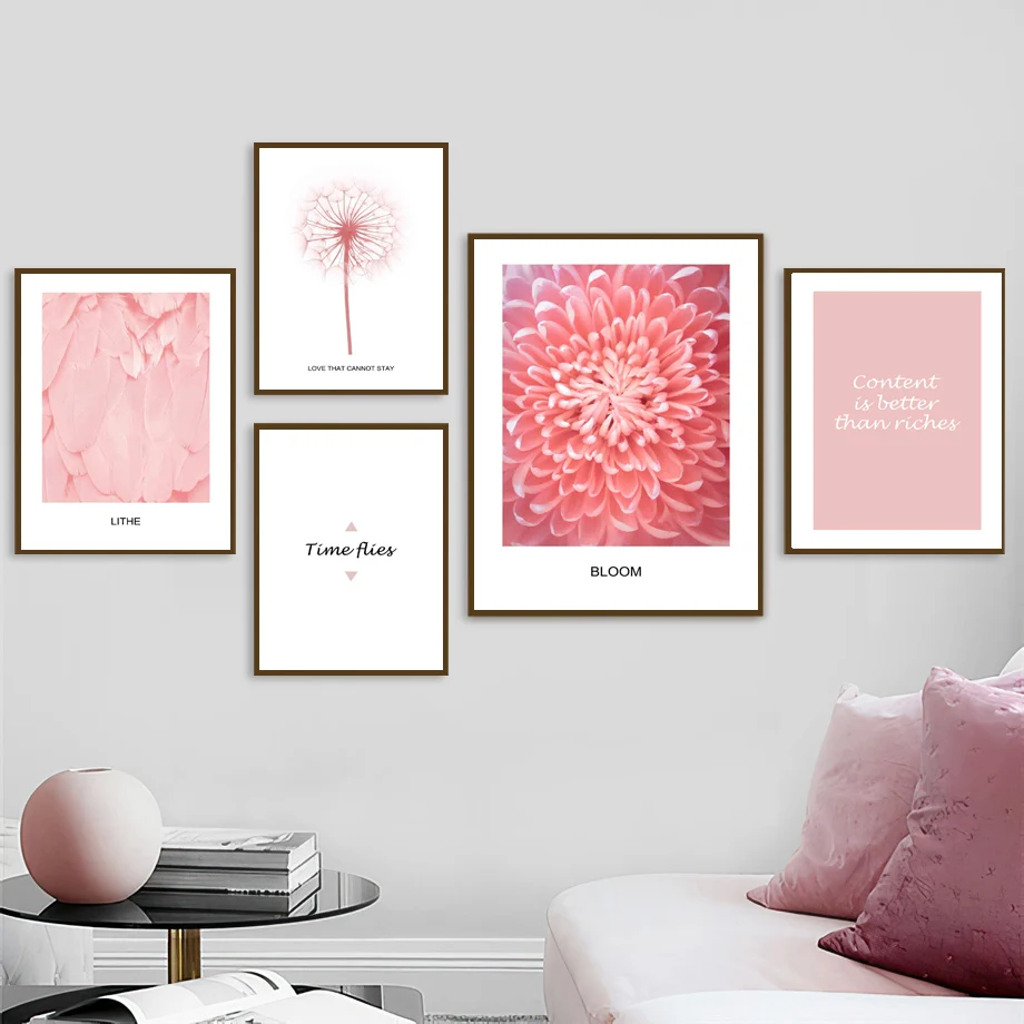 

Pink Plant Feather Dandelion Dahlia Quote Wall Art Canvas Painting Nordic Posters And Prints Wall Pictures For Living Room Decor