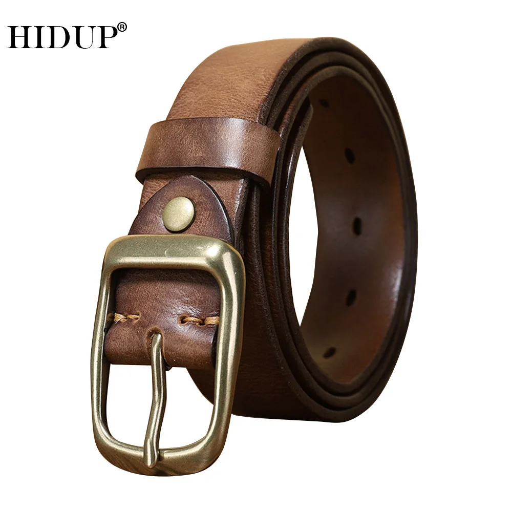 

HIDUP Top Quality Design Simple Retro Styles Cow Leather Belt Gold Brass Buckle Cowhide Belts Jeans Accessories 3.3cm NWJ1097