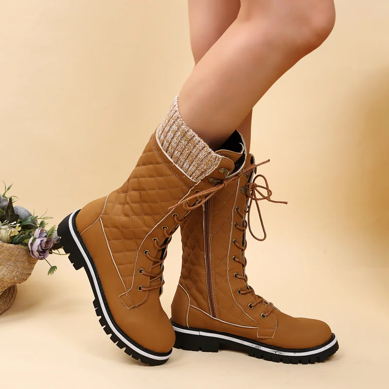 

Autumn New Women Shoes PU Leather Casual High Top Long Boots Lace-Up Comfortable Flat Boots Womens Plus Size Thigh Flat Boots