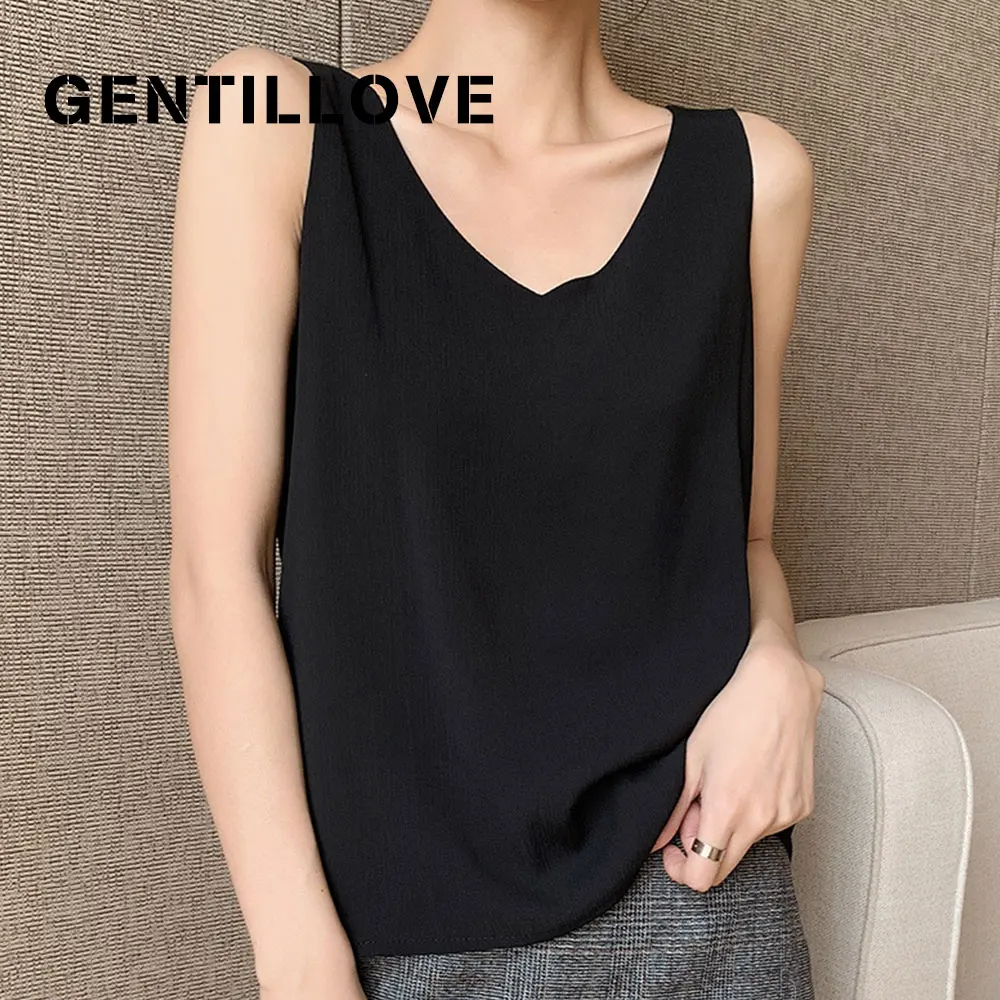 

Корейские однотонные топы и блузки Gentillove с V-образным вырезом, шифоновые блузки, пикантная блузка без рукавов с перекрестной спиной, повседн...