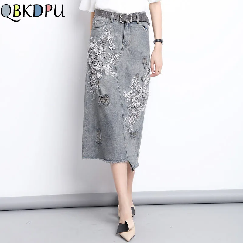 Элегантная женская джинсовая юбка с объемной вышивкой мама плюс размер 5XL тонкая