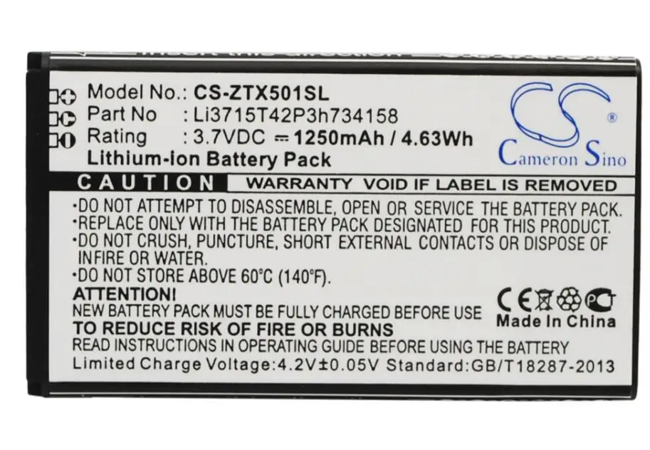 

cameron sino 1250mah battery for ZTE Score M X500M Li3715T42P3h734158 Mobile, SmartPhone Battery