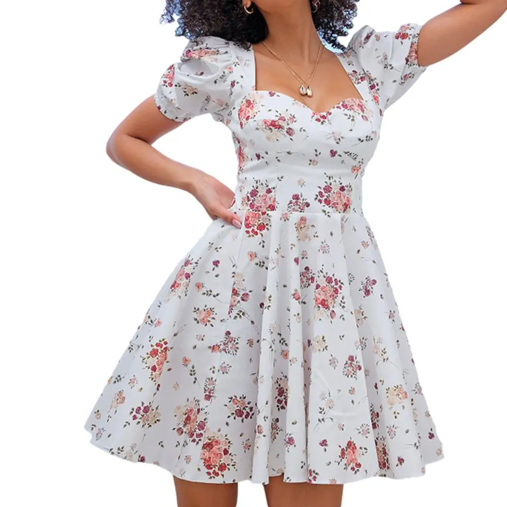 

FAKUNTN Women's Summer Dress 2021 Floral Print Square Collar Mini Dresses For Women Elegant Vintage Sexy Beach Dress 2021