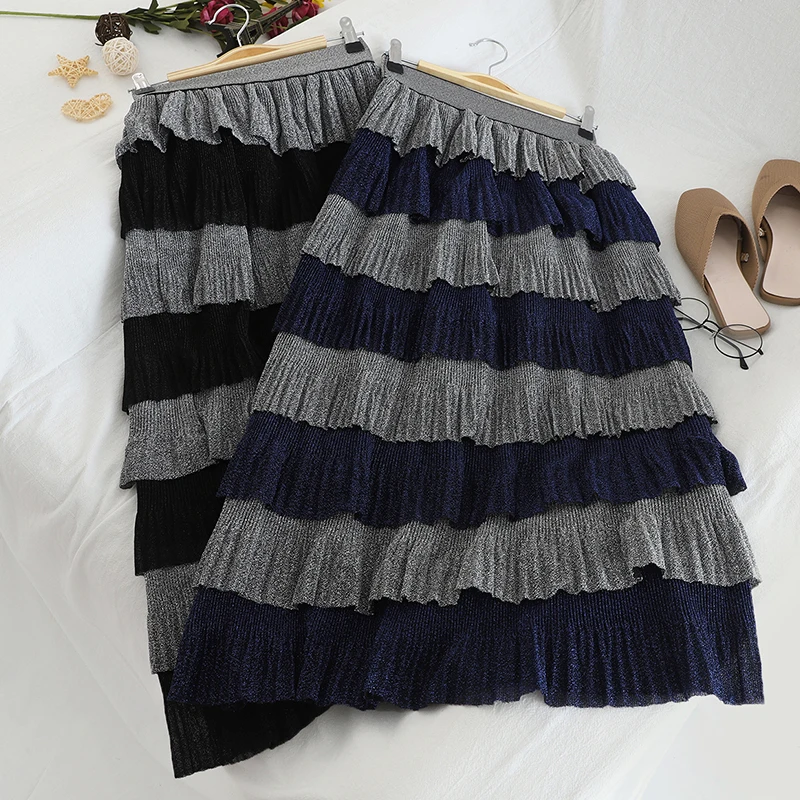 Многослойная юбка макси Cakee серебристая блестящая плиссированная до щиколотки с