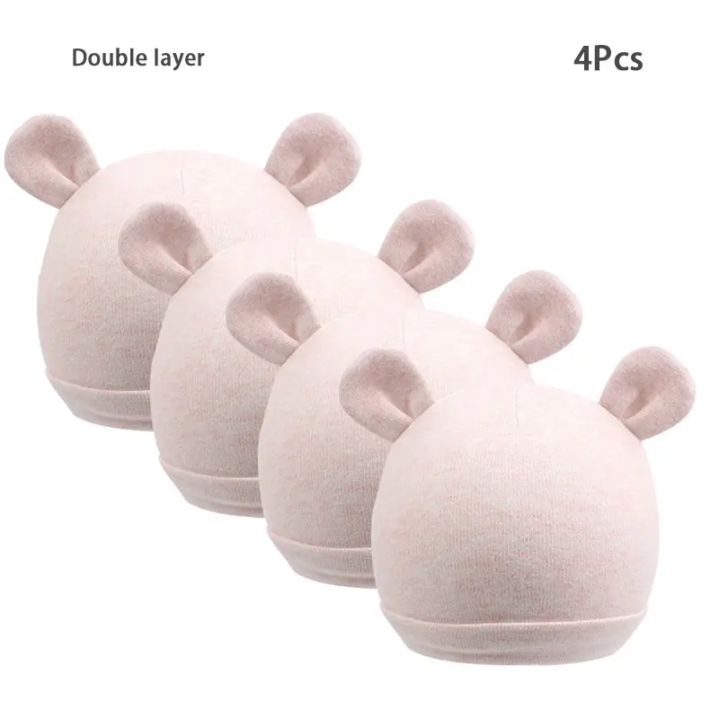 Double Pink Bear4 Милая шапочка для новорожденных; хлопковая однотонная шапка для новорожденных мальчиков; шапка с медвежьими ушками и кроличьими ушками для маленьких девочек; шапочка для новорожденных; сезон весна-лето - Цвет: Double Pink Bear4