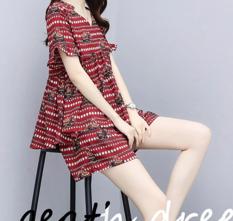 

women Two Piece Outfits Summer Floral Print Short Sets For Women Top And Shorts Ensemble Femme Deux Pieces Conjunto Feminino