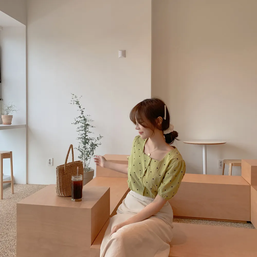 Зеленая рубашка с квадратным принтом Женская Повседневная винтажная хлопковая