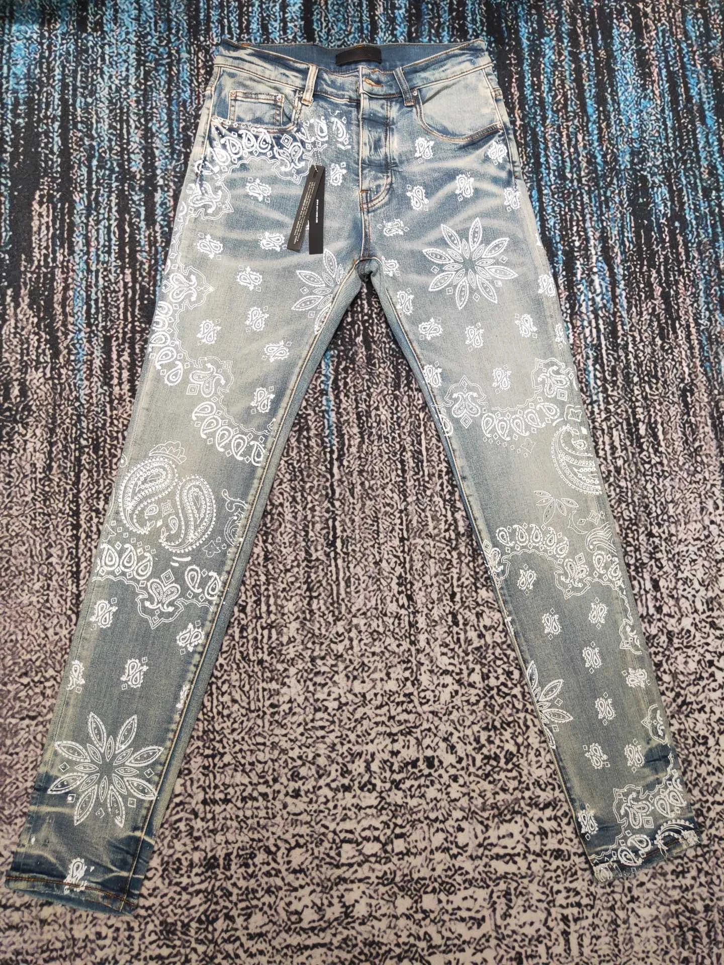 New style jeans high street cashew flower print floral sparkle band diamonds do old fashion wash jeans man