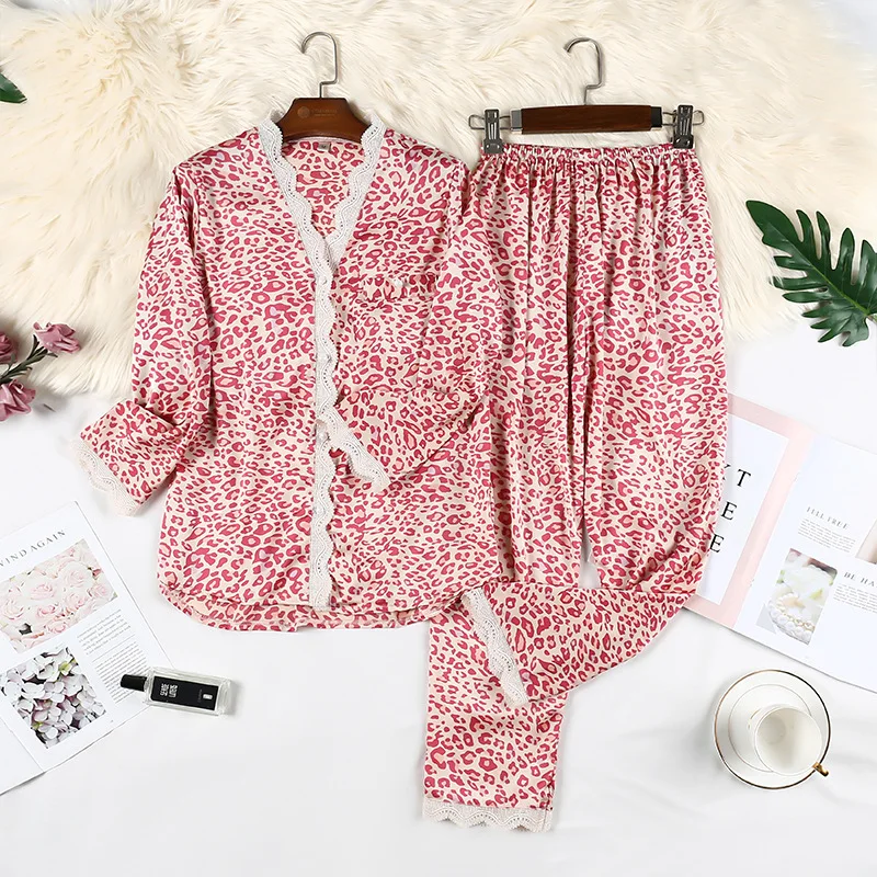 

Women Pajamas 2PCS Shirt&Pants Spring Summer New Casual Satin Sleepwear Lace Nightwear Lounge Wear Silky Kimono Bathrobe Gown