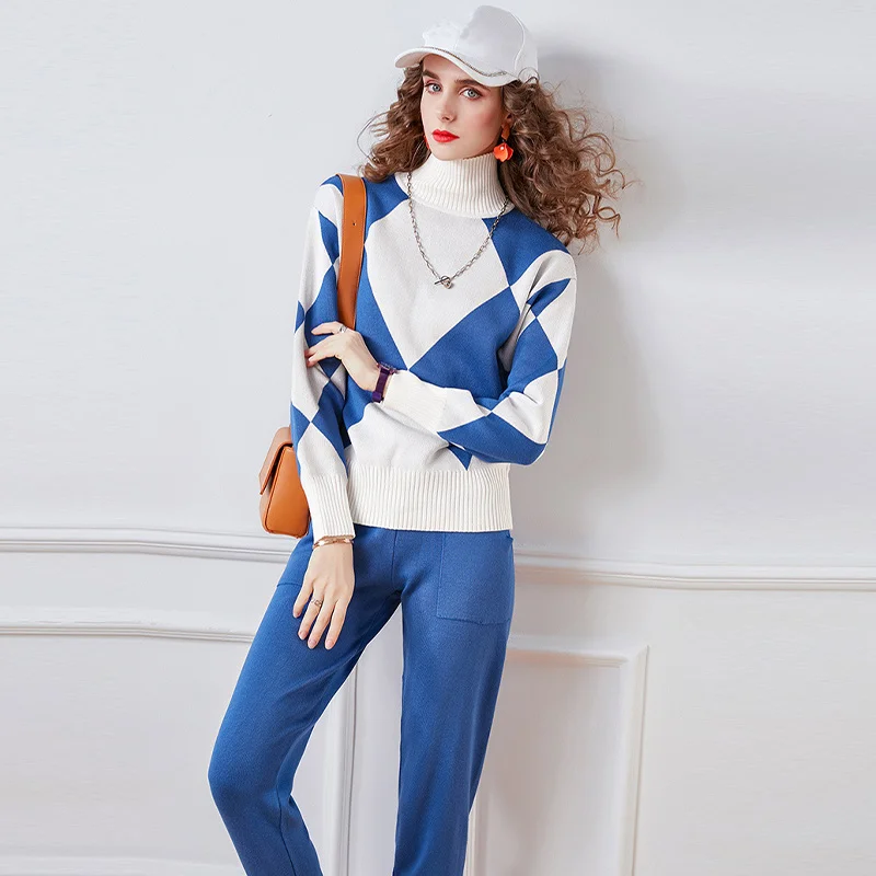 

Women's Geometric Knit Sweater Tracksuit Two Piece Sets 2021 Autumn Turtleneck Pullover And Harem Pant Suit Lady Casual Home Set