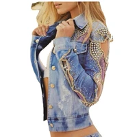 jean y2k patchwork jacket women fabric printed denim blue rivet pearls embroidery stitching mesh hollow out womens jacket coat