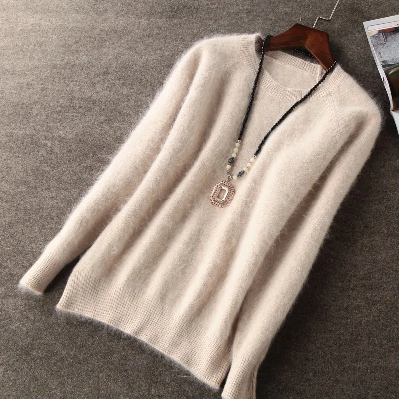 

Pink Knitwear Woman Long Sleeve O-neck Jumper Wool 2020 Fall Winter Clothes Women 100% Mink Cashmere Pullover Sweater