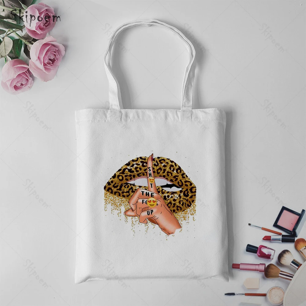 

Пляжная Холщовая Сумка-тоут через плечо, многоразовые эко-сумки для покупок с пикантными леопардовыми губами, Женская Повседневная Милая у...