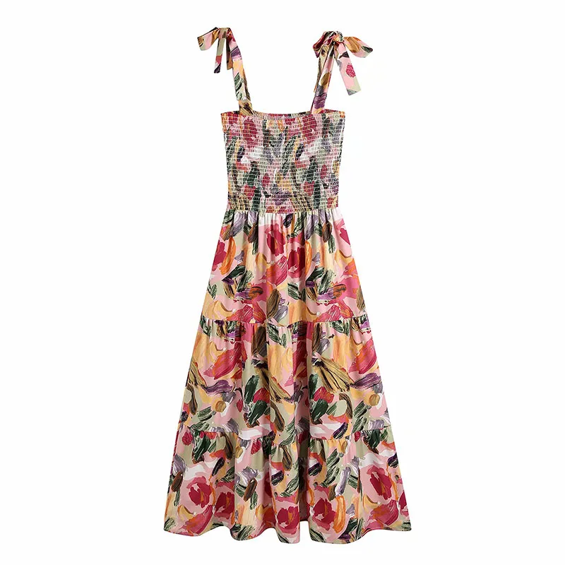 

Women Summer Vintage Print Dress 2021 ZA Sleeveless Bandage Bow Tie Fit and Flare Female Elegant Floral Print Dresses Vestidos