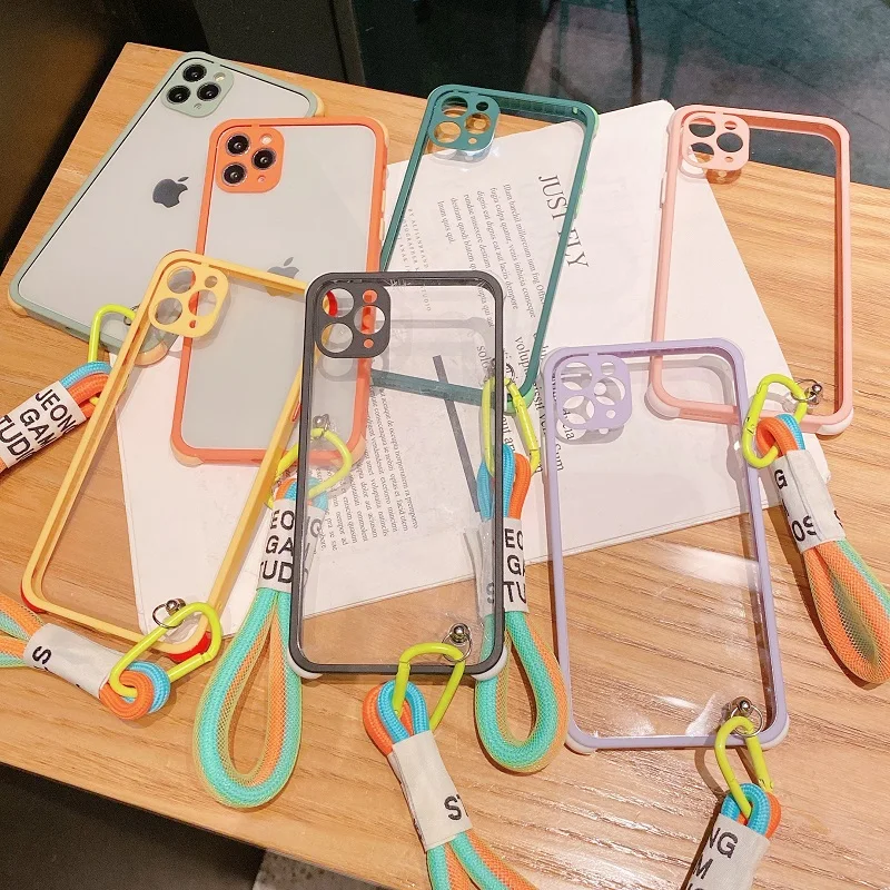 

TPU+PC Phone Case without Lanyard Rope for iPhone 11 12 Mini Pro Max X XS XR 7 8 Plus Candy Color Transparent Soft Cover